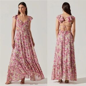 ASTR The Label Primrose Maxi Dress Pink and Yellow Floral Women’s Size Large